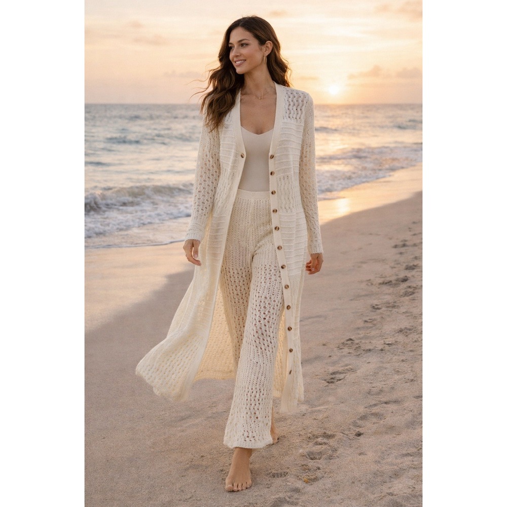 Good Time USA Open Knit Duster Cardigan Pants Set Boho Cream S NWT